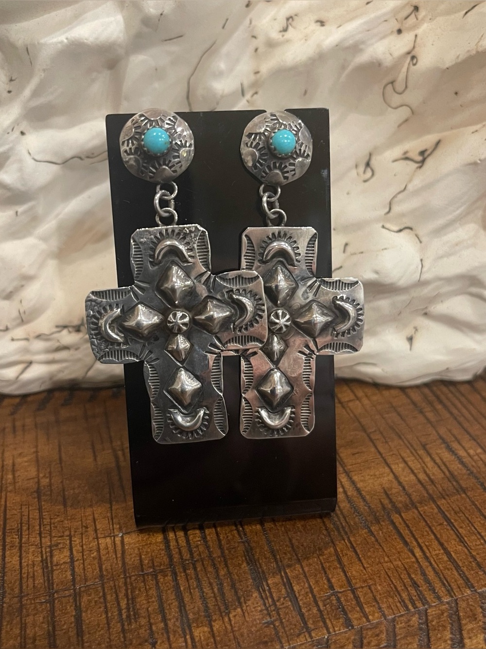 Navaho Sterling Silver Cross Stamped Earrings with Turquoise Accent.